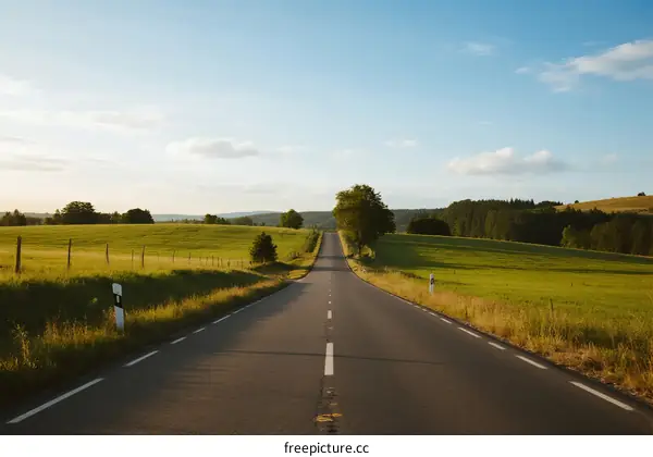A peaceful country road stretching under a clear blue sky