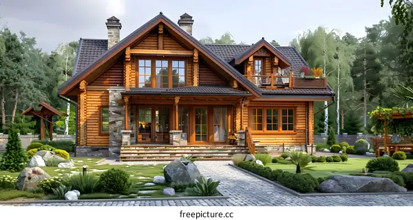 Large wooden house with stone elements in the exterior
