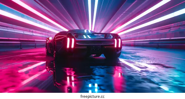 A purple car drives through a tunnel with neon lights reflecting off the wet pavement