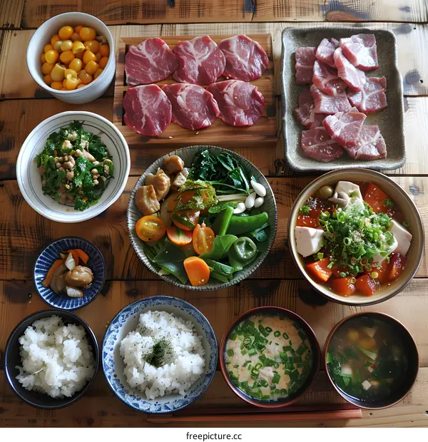 A delicious Japanese meal with rice, soup, and various side dishes
