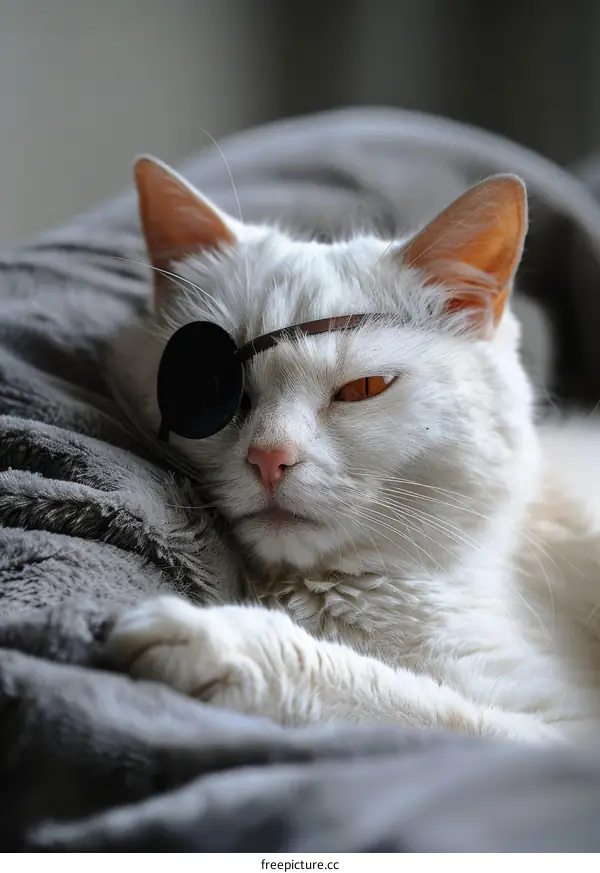 A white cat wearing an eye patch