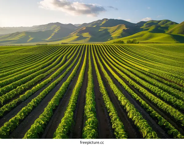 Vast green farmland landscape with mountains in the distance