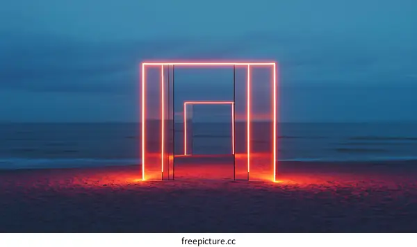 Neon Light Frame on Beach at Dusk