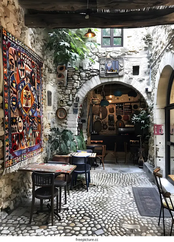 Retro indoor cafe with stone floor and colorful tapestries