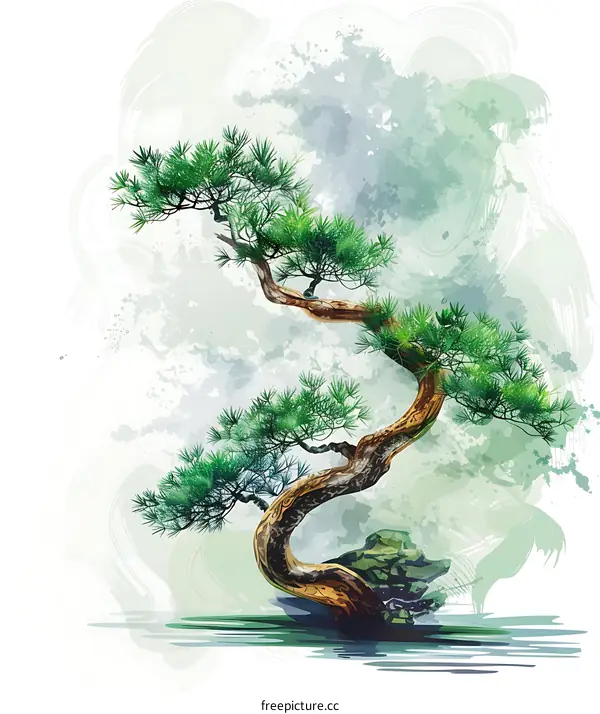 Watercolor Illustration of a Bonsai Pine Tree