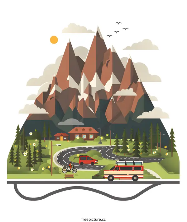 Mountain Road Landscape with Car and Bicycle Illustration