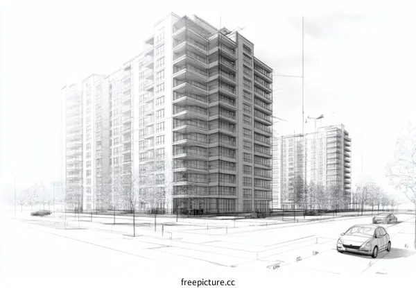 Architectural Design Sketch of Modern High-Rise Buildings