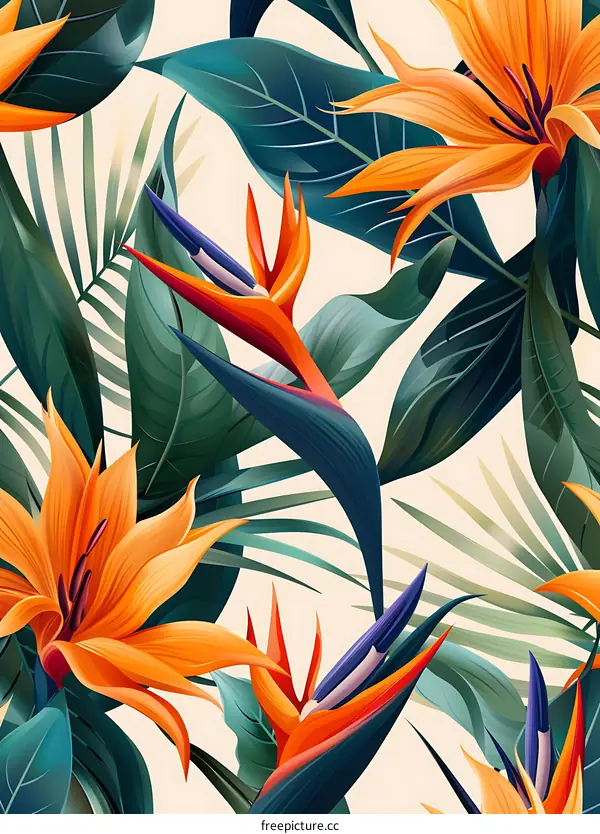 Seamless Tropical Pattern with Orange Bird of Paradise Flowers
