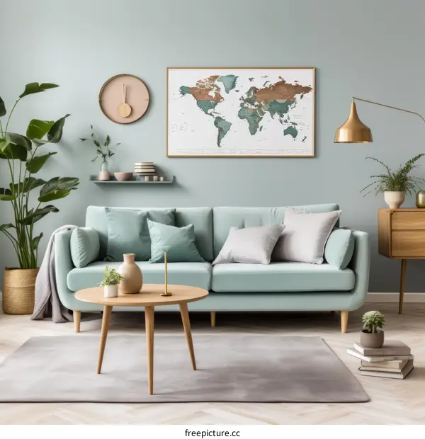 Elegant living room interior with green sofa, wooden table, and world map