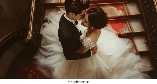 A newlywed couple is kissing on the stairs