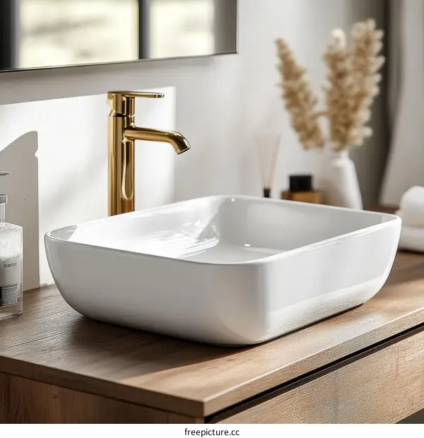 Modern White Ceramic Bathroom Sink with Gold Faucet