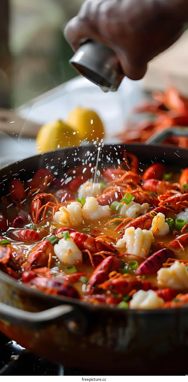 Pouring Lemon Juice on Crawfish Boil