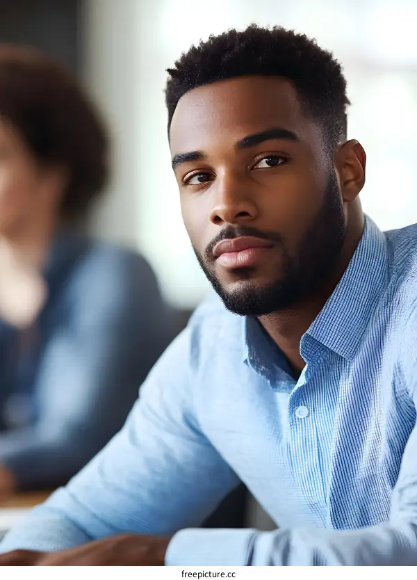 Portrait of a Young Black Businessman Looking Serious in a Blue Shirt