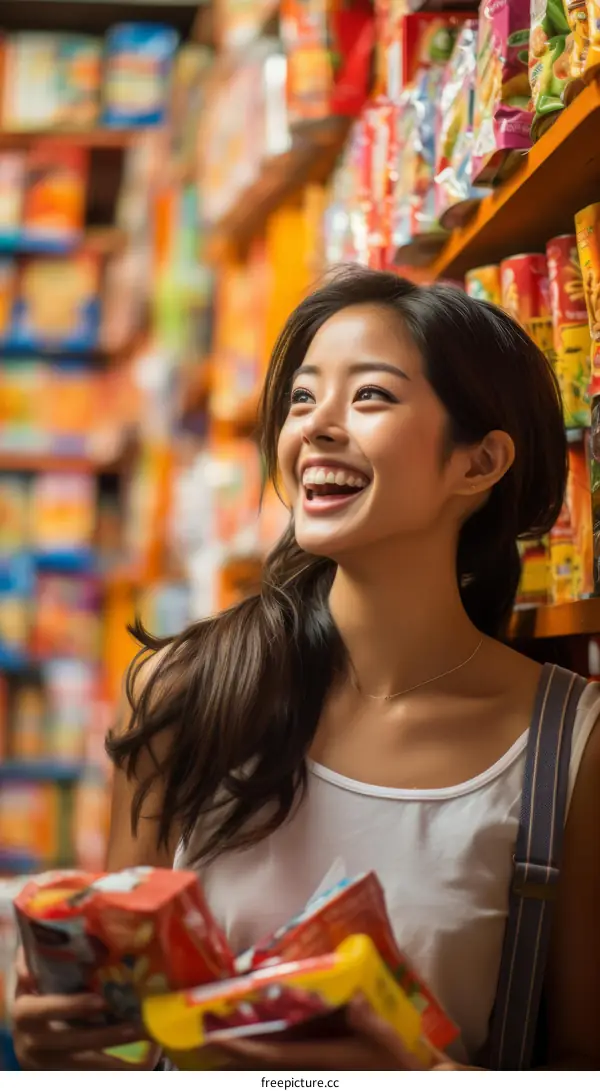Cheerful Asian woman grocery shopping in a supermarket aisle