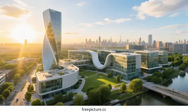 Modern Architectural Complex with Curved Structures in Urban Area