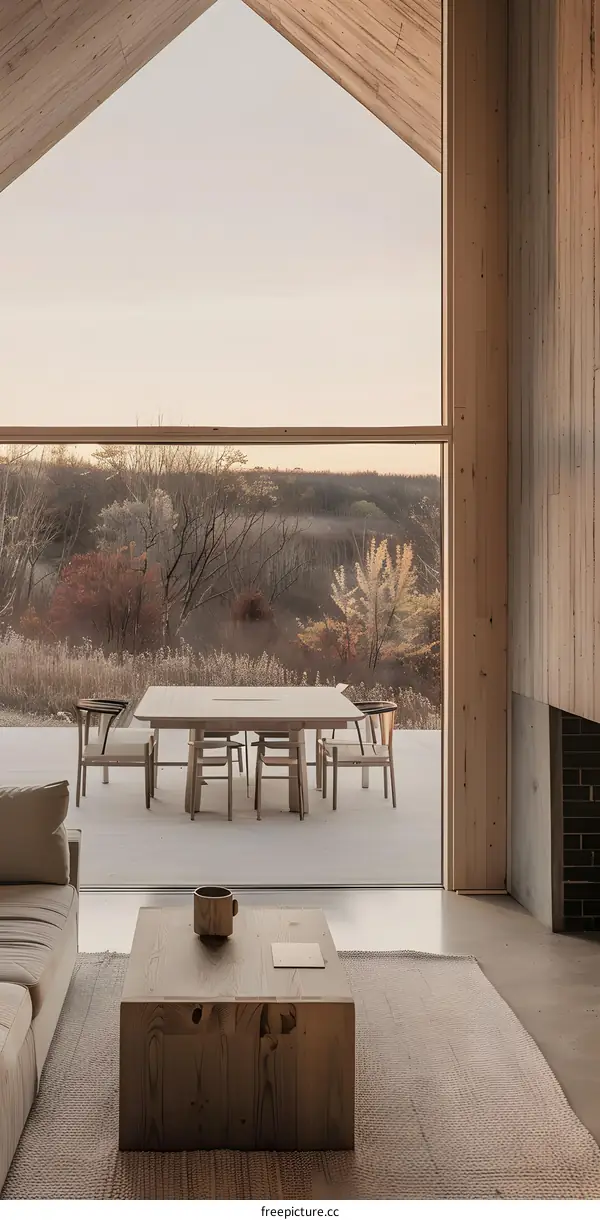 Minimalist Living Room With Large Windows And View Of Landscape