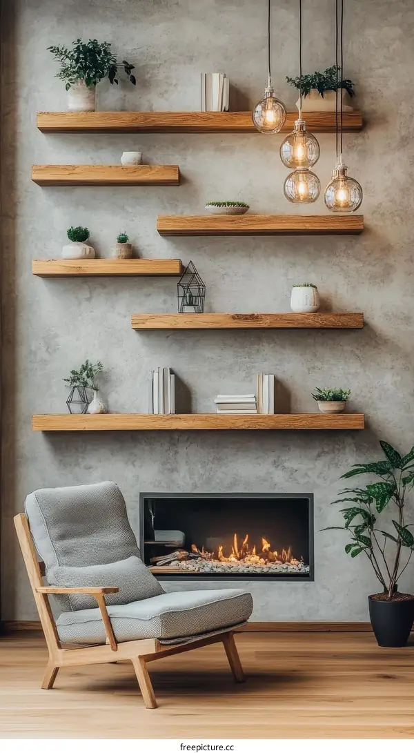 Modern Interior Design with Wooden Shelves and Fireplace