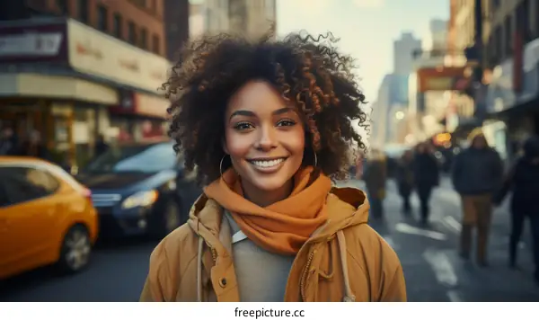 portrait of a smiling young woman with curly hair in a city street