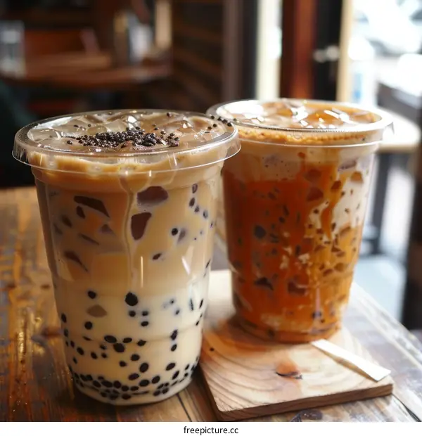 Two plastic cups of iced coffee with tapioca pearls on a wooden table