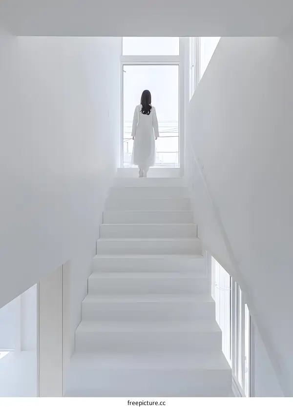 White Staircase in Modern Minimalist House with Woman in White Dress