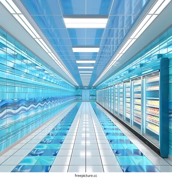 Blue and White Interior Design Of Supermarket Corridor