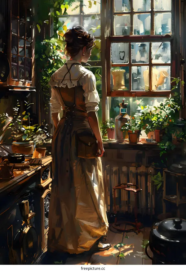 Woman in a Sunlit Room with Plants