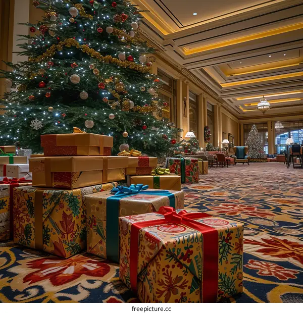 Christmas tree in a hotel lobby with presents under it