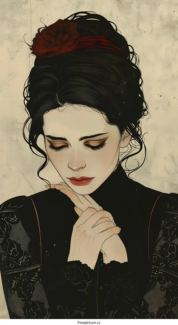 Portrait of Woman with Red Rose in Her Hair