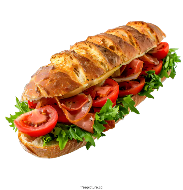 [Transparent Background PNG]Freshly Made Sub Sandwich With Tomato, Cheese and Ham on White Background