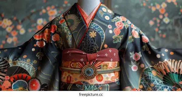 A kimono with a floral pattern and a red obi.