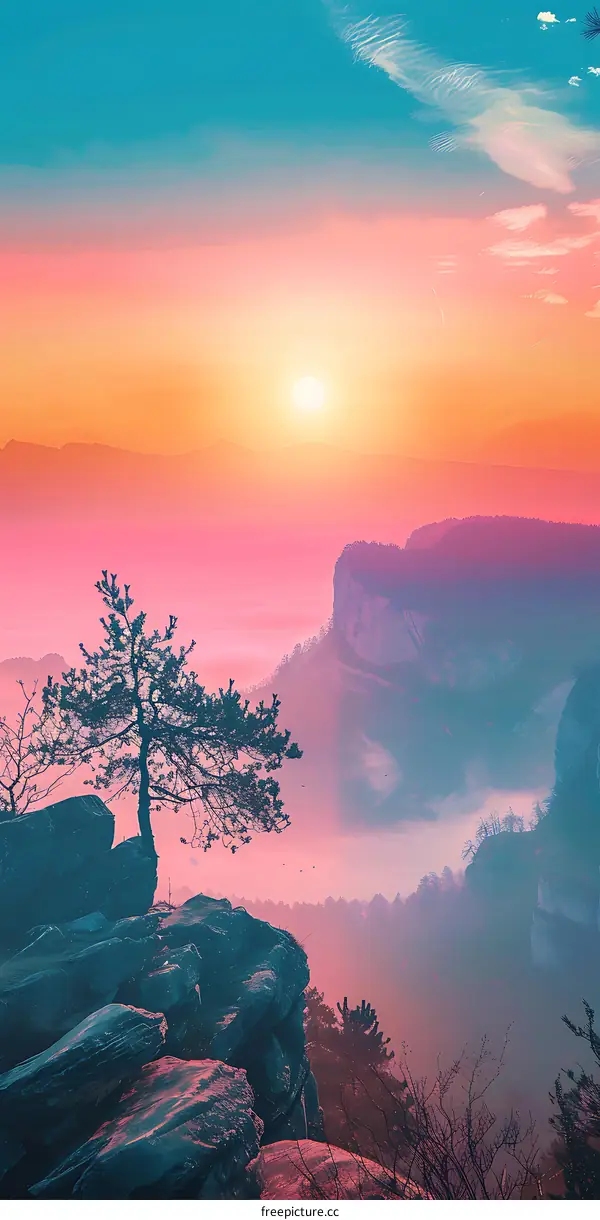 Sunrise over Misty Mountains with a Single Tree