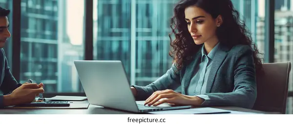 Businesswoman Working on Laptop in Modern Office