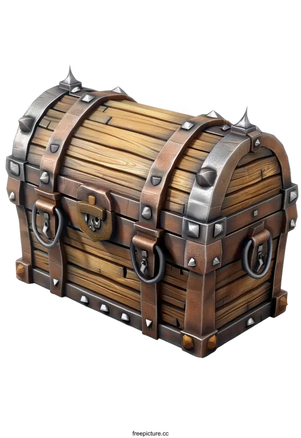 [Transparent Background PNG]A wooden treasure chest with metal bands and spikes.