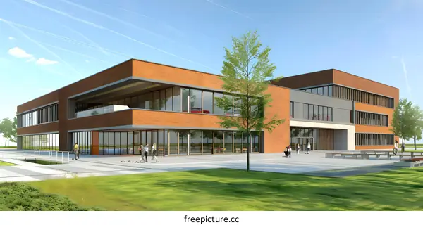 Modern Brick Building with Glass Windows and People Walking