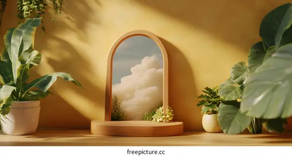 Wooden Arch Mirror with Clouds and Plants