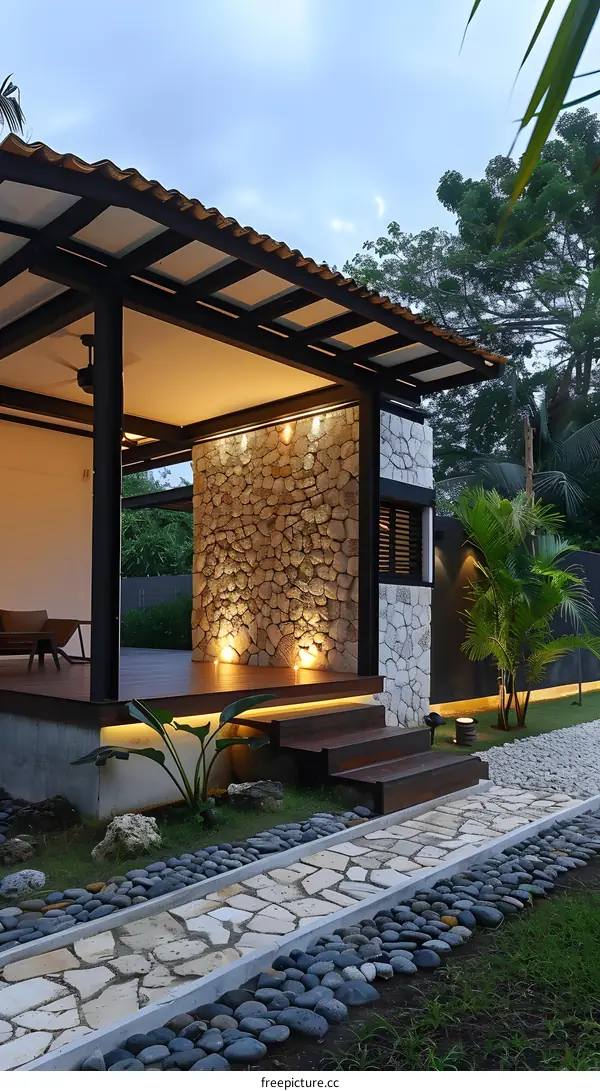 Stone Wall Pathway and House Entrance at Dusk