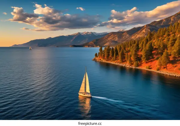 Sailboat at Sunset with Mountain Views