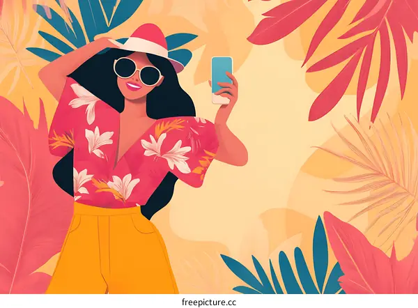 Woman in Sunglasses Taking a Selfie with Tropical Leaves Background