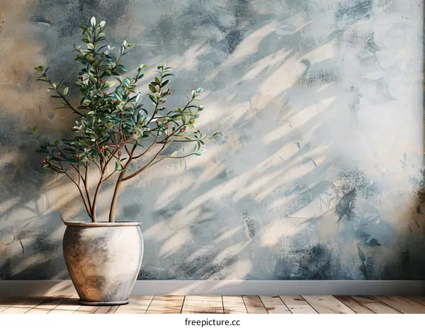 A potted plant sits in front of a blue textured wall.