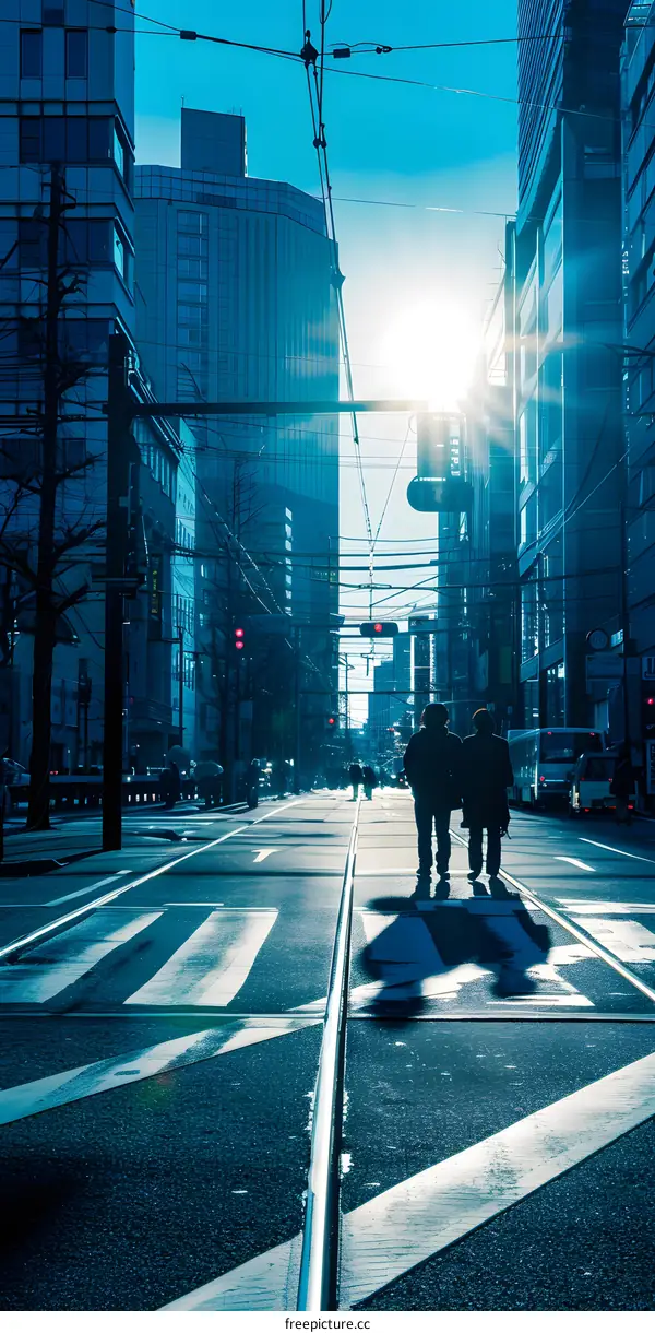 Silhouettes of Two People Walking on a City Street in Japan