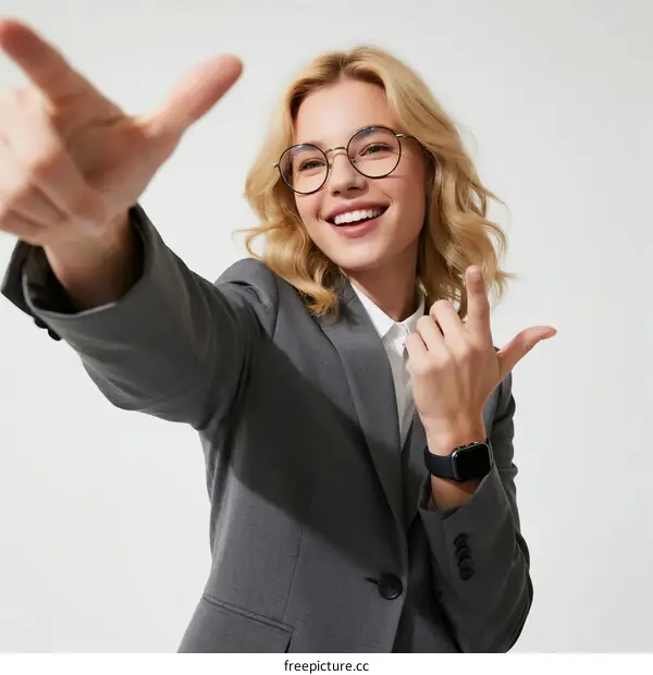 Smiling businesswoman in suit making hand gestures