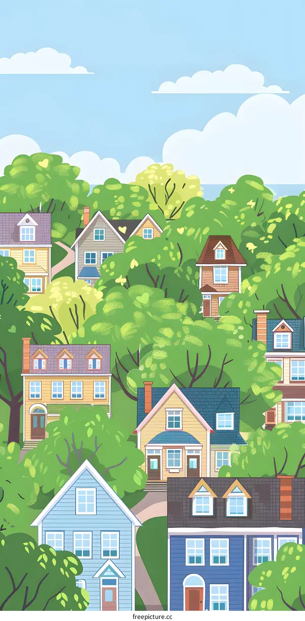 Cute Cartoon Illustration of Green Trees and Houses