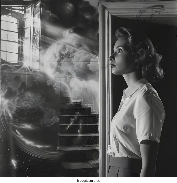 A woman looking at a photo of a nuclear explosion.