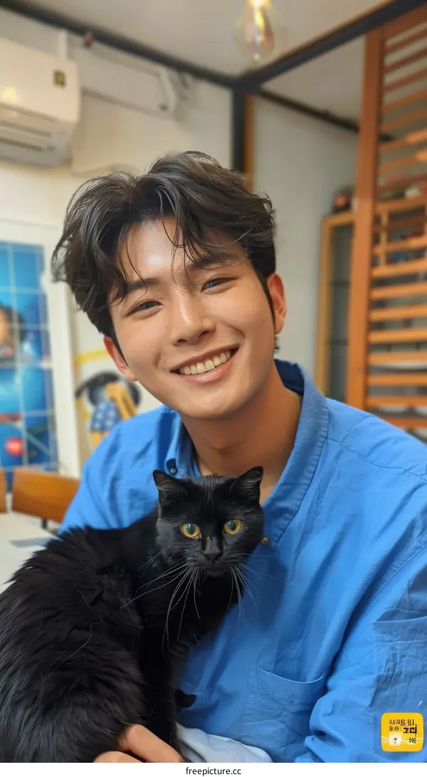 A young man with a black cat on his shoulder is smiling at the camera.