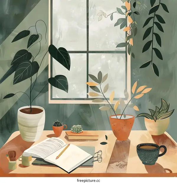Cozy Windowsill with Plants and Coffee Cup