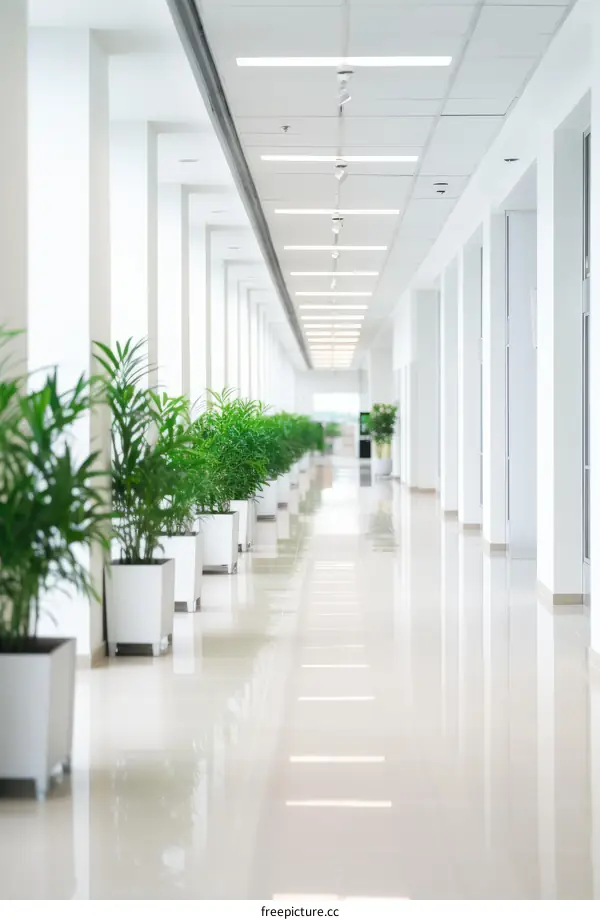 Long White Hallway With Plants