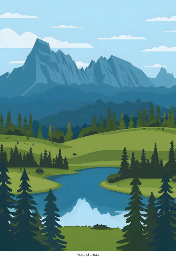 Mountain Landscape Illustration With Green Trees And Blue River
