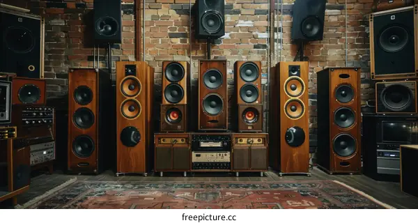 A collection of vintage audio speakers in a room with brick walls.