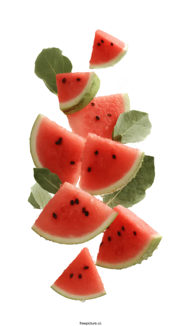 [Transparent Background PNG]Watermelon Slices in Motion with Water Droplets