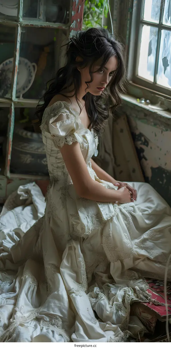 A beautiful girl with long brown hair is sitting in a rustic room wearing a white dress.